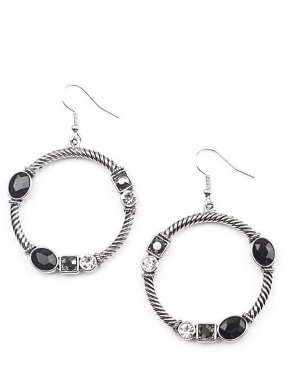Textured silver hoop earring with black and crystal rhinestones